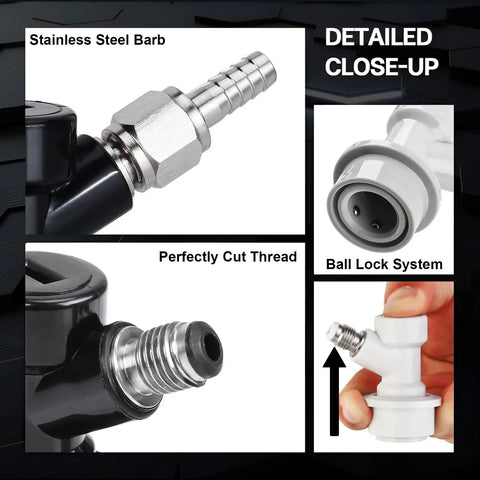 Ball Lock Quick Disconnect Set for Home Brewing Kegs With Five Sixteenths Gas Barbs and One Quarter Inch Liquid Barbs Includes Stainless Steel Hose Clamps For Secure Connections and Easy Keg System Upgrades, stainless steel barb close-up