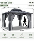 Diagram of 10x12 Ft Hardtop Aluminum Gazebo With Curtains And Netting, Permanent Outdoor Pavilion dimensions and features.