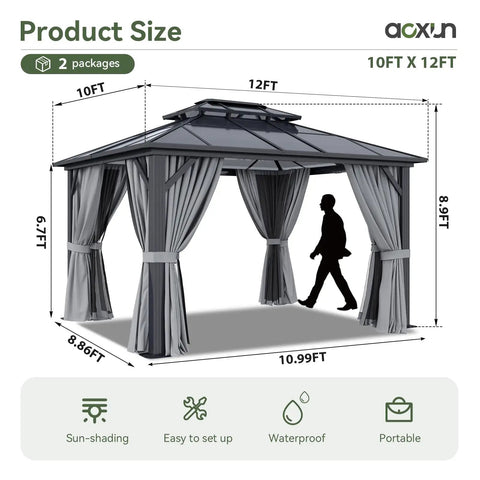 Diagram of 10x12 Ft Hardtop Aluminum Gazebo With Curtains And Netting, Permanent Outdoor Pavilion dimensions and features.