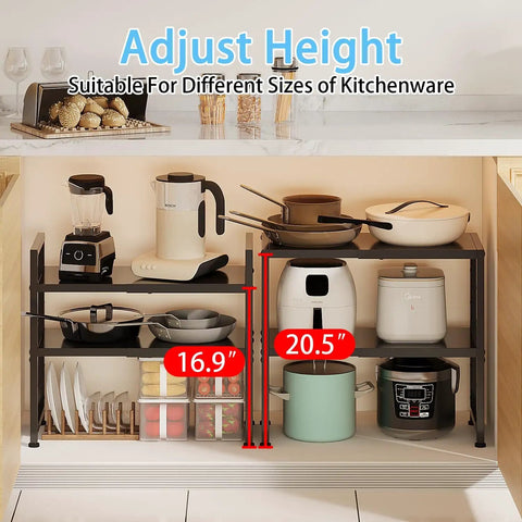 Expandable 2 Tier Metal Storage Shelves With 150 Lbs Capacity Heavy Duty Organizer for kitchen pantry, under cabinet use.