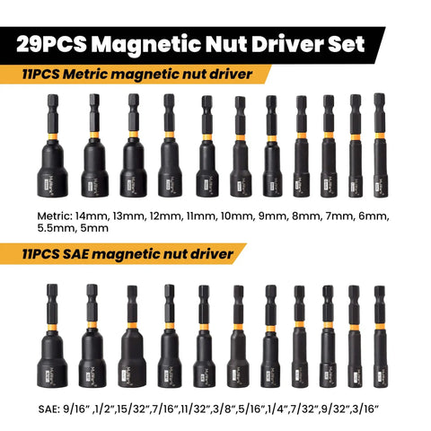 29 Piece Magnetic Nut Driver Set With SAE And Metric Bits displayed including driver sizes for impact drills
