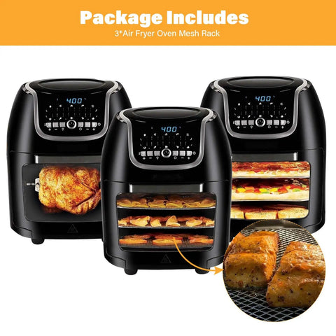 Kick Up Your Kitchen Game With These Premium Air Fryer Shelves For PowerXL Vortex 10Qt, 3 Pack Stainless Steel Mesh Crisper Racks image of 3 air fryers with mesh racks.