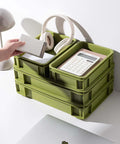 Heavy Duty Stackable Plastic Storage Bin For Kitchen, Bathroom, Office And Camping, Multi Purpose Organizer Tote, Green 2L And 2S used for storing office items like headphones and calculator.