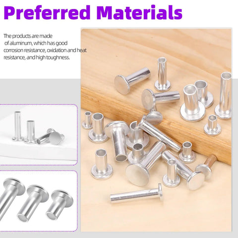 390 Pcs Aluminum Flat Head Semi Tubular Rivet Kit in 12 Sizes M3 M4 M5 M6 Silver Tone Round Rivets on Wooden Surface