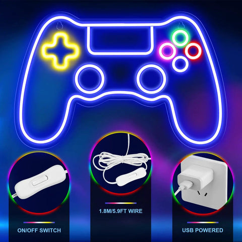 Neon Game Controller LED Sign For Gaming Room Decor USB powered with on/off switch and 5.9ft wire, wall-mount ready.