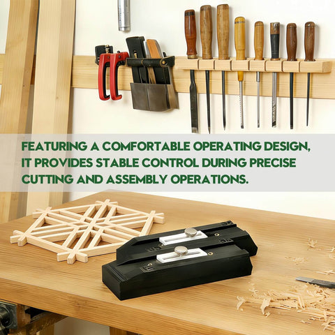 4 Piece Kumiko Joinery Jig Set with Multi Position Angle Guide Rails on a woodworking bench with tools in the background.