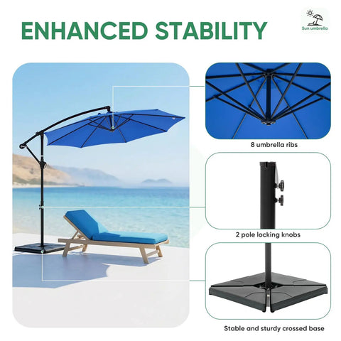 10 Foot Offset Cantilever Patio Umbrella With Base Included No Fuss Setup UV Protection Fade Resistant Fabric Easy Tilt Adjustment Wind Resistant Canopy For Pool Deck Garden Backyard Blue with locking knobs and stable base