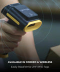 Person holding All In One UHF RFID And Barcode Scanner With 2D 1D And QR Reading, Hybrid Read Modes, USB or Bluetooth connectivity