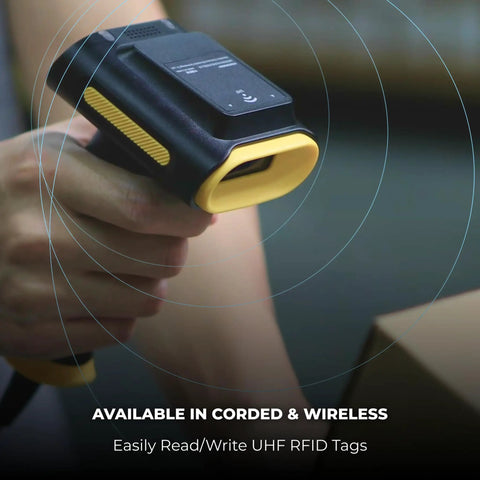 Person holding All In One UHF RFID And Barcode Scanner With 2D 1D And QR Reading, Hybrid Read Modes, USB or Bluetooth connectivity