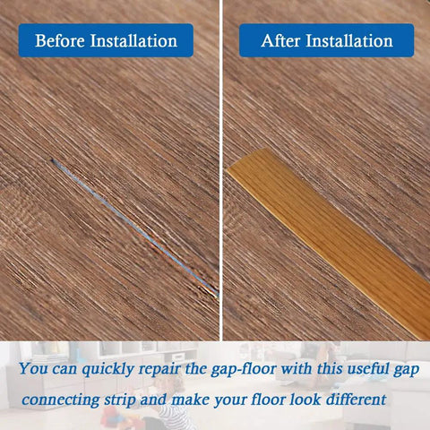Before and after installation of Self Adhesive Floor Transition Strip For Laminate And Vinyl Flooring Wood Grain Look 1.57in wide