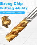 Close-up of Pro Grade Titanium Coated HSS Spiral Flute Tap displaying strong chip cutting ability for precision jobs.