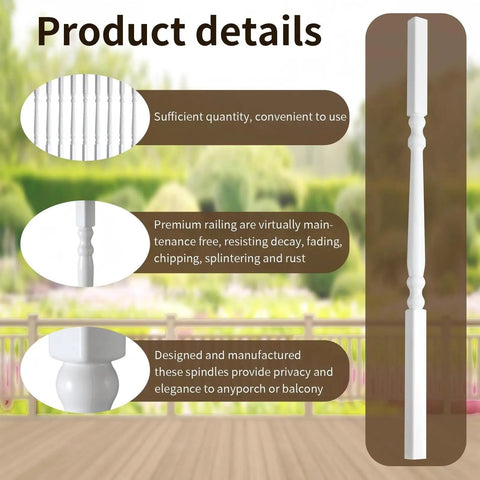 Top Shelf White Vinyl Deck Railing Balusters Colonial Style Outdoor Porch Fence Spindles detailed view of white spindles.