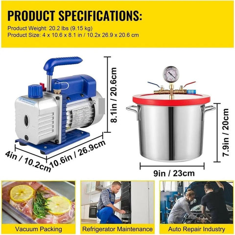 Professional 1.5 Gallon Vacuum Degassing Chamber With Heavy Duty Copper Pump For Bubble Free Resin Casting And Silicone Molding Solid Aluminum Tank, includes vacuum pump.