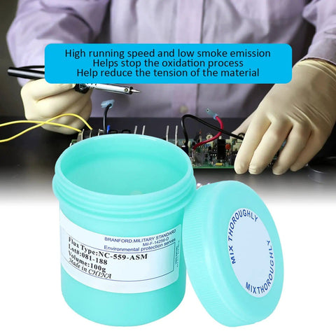 Pro Grade No Clean Flux Paste For PCB Rework And Soldering, 100g tin container with lid, background of electronics repair, 559 NC 559 ASM, Phone Repair, 28 Micron Tin Cream For BGA And SMD Wetting