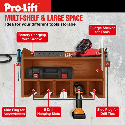 Cordless Drill Organizer Rack Wall Mounted Power Tool Storage Five Hanging Slots Wooden M003W2 with shelves and slots