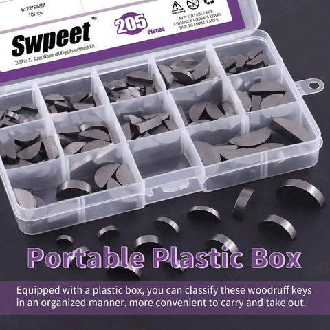 Woodruff Keys Assortment Kit Pro Grade 205Pcs 12 Sizes 3mm 4mm 5mm 6mm Half Moon Semicircle Bond Keys in plastic box