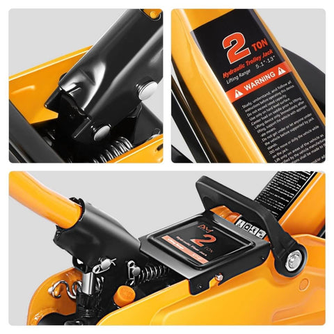 Close-up of Low Profile Hydraulic Trolley Jack Set With Two Ton Capacity And Two Ratchet Jack Stands, Safety Overload System