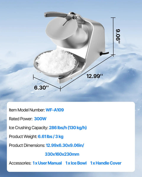 Workhorse Ice Shaver Machine For Home And Commercial Use, 286 Lbs Per Hour, 300W 2000RPM Stainless Steel 4 Blade Ice Crusher