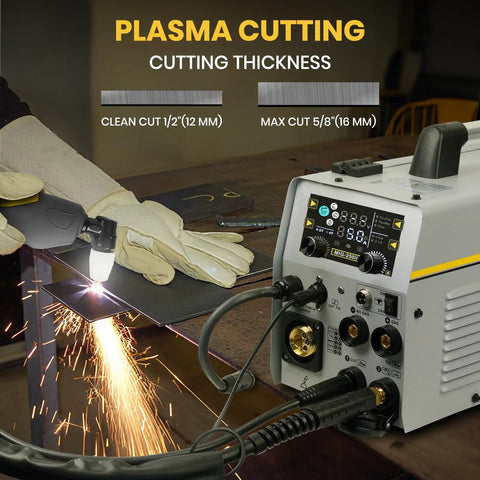 Six In One MIG Welder And Plasma Cutter 160A Gas MIG Flux Core Lift TIG Stick Plasma Cut Combo 110V 220V 35A in use on metal plate