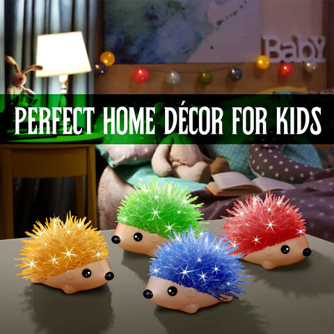 Hedgehog Crystal Growth Kit For Kids 6-12 - See Blue And Orange Crystals Form In 24 Hours, A Fun Hands-On STEM Gift That Feels Like Real Chemistry, Easy Step-By-Step Instructions For Curious Builders. Four crystal hedgehog figures in blue, orange, green, and red on a tabletop.