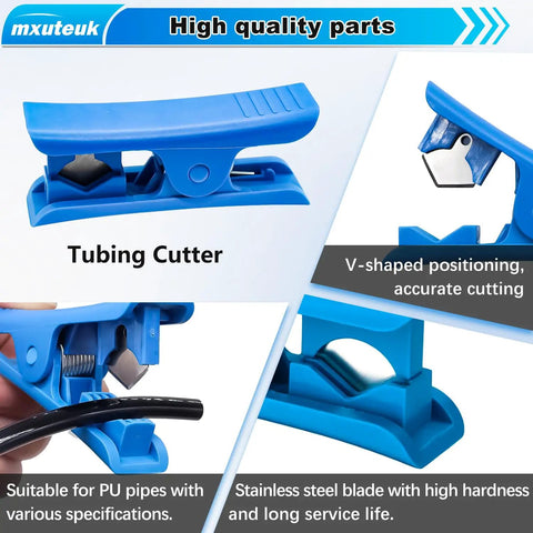 Blue tubing cutter with stainless steel blade from 1/4 Inch Air Line Tubing Kit With 32.8 Feet PU Tube And 15 Push To Connect Fittings