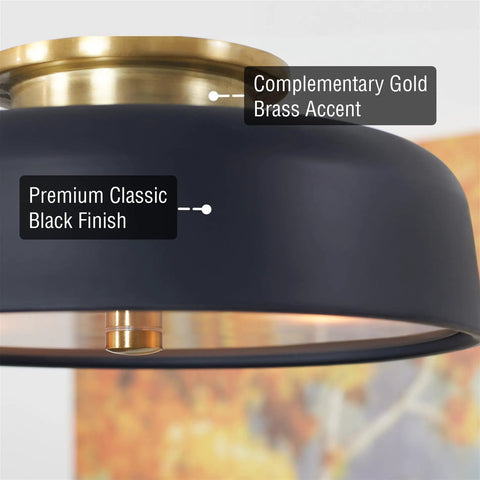 12 Inch Mid Century Modern Black Semi Flush Mount Ceiling Light With Frosted Glass Diffuser 2 Light Low Profile Dome Cool Brass Accent
