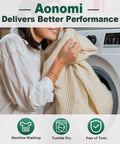 Woman placing clothes in washing machine, highlighting machine washing and tumble dry features related to Aonomi fabric labels.