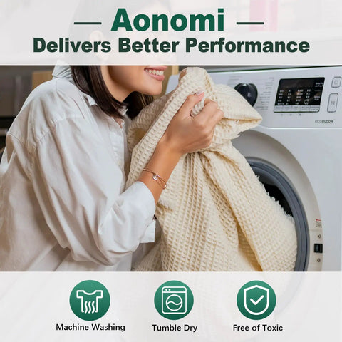Woman placing clothes in washing machine, highlighting machine washing and tumble dry features related to Aonomi fabric labels.