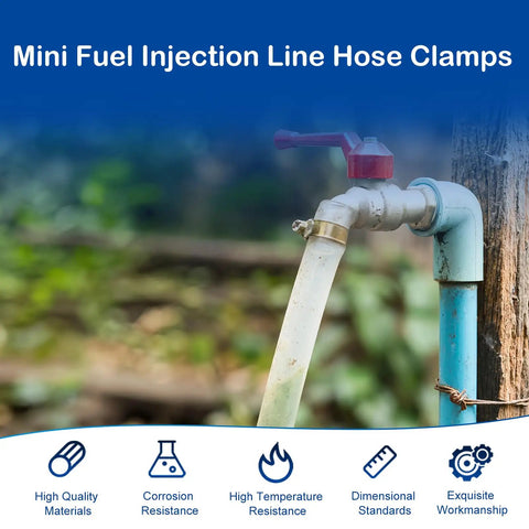 Metal hose clamp securing pipe with valve outdoors, highlighting Mini Fuel Injection Line Hose Clamps, shown in outdoor setting.