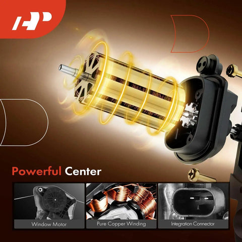 Detailed view of the window motor and integration connector for the Rear Left Driver Side Power Window Regulator With 2 Pin Motor For 2007 To 2013 Chevy Silverado 1500 2500 HD 3500 HD Extended Cab Pickup GMC Sierra 1500 2500 HD Direct Fit Replacement For Trucks, showing copper winding and connector.
