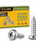 Heavy Duty Size 10 X 1 Inch Pan Head Wood Screws, 120 Pack 304 Stainless Steel Self Tapping Sheet Metal Fasteners With Smooth Phillips Drive displayed with clear packaging.