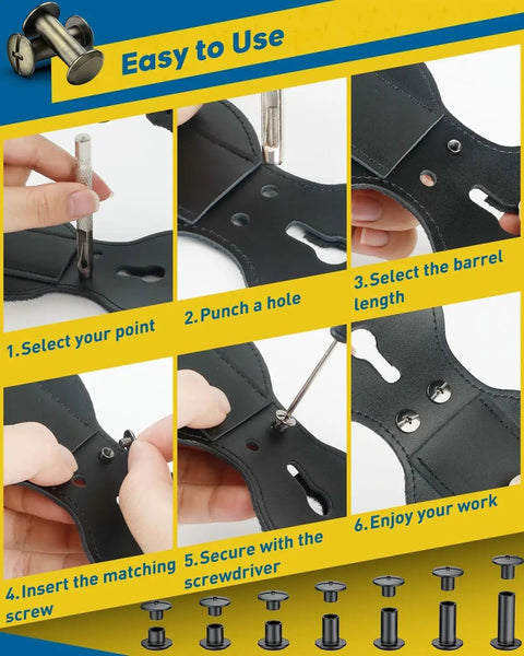 Step-by-step guide for using Badass Leather Chicago Screw Kit With 110 Set M5 And M4 Rivets including awl and screwdriver.