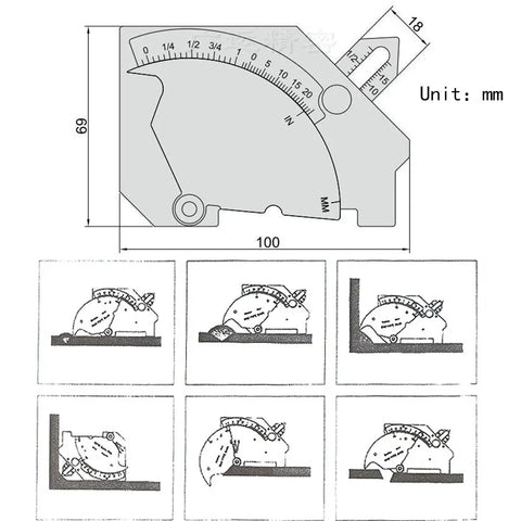 Diagram of Taper Composition Gauge For Depth And Diameter Measurement In Tight Gaps Stainless Steel Welding Gauge showing dimensions