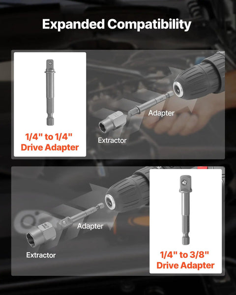 Adapters for 1/4" to 1/4" and 1/4" to 3/8" drive in the Grab And Go Heavy Duty 54 Piece Screw Extractor Set.