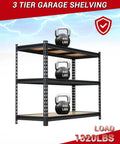 Beefy Heavy Duty Garage Storage Shelves 3 Tier Metal Shelving Unit 48 By 24 By 36 Inches Industrial Grade Steel With 1320 Lbs Total Load Capacity For Tools, Boxes, And Garage Gear, black 3-tier metal shelf with 440 lb load icons