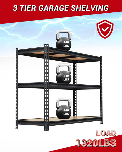 Beefy Heavy Duty Garage Storage Shelves 3 Tier Metal Shelving Unit 48 By 24 By 36 Inches Industrial Grade Steel With 1320 Lbs Total Load Capacity For Tools, Boxes, And Garage Gear, black 3-tier metal shelf with 440 lb load icons