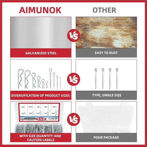 Comparison chart of rust proof stainless steel cotter pin kit pack with 558 pieces versus regular single size pins and package.