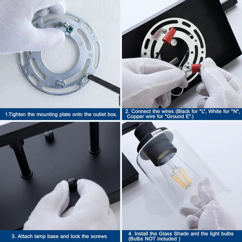 Installation steps for Matte Black 3 Light Vanity Wall Sconces with Clear Glass Shades, showing mounting and wiring.