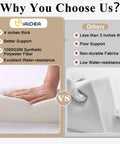 Comparison of cushion qualities showing MAIDEA cushion with 4 inches thickness, better support, water-resistance against others
