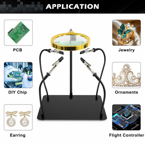 Helping Hands Soldering Station With 3X Magnifying Glass showing applications in PCB, Jewelry, DIY Chip, and Ornaments.