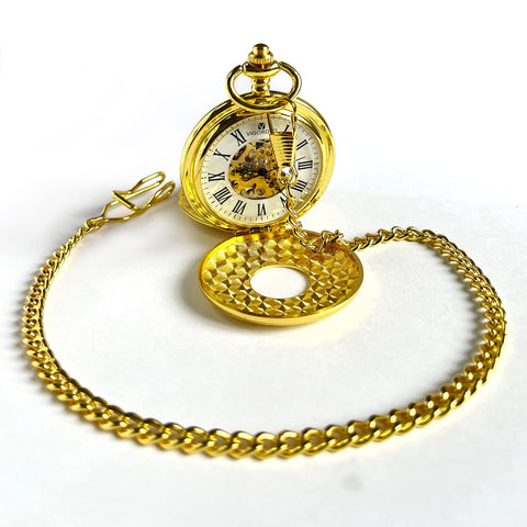 Gold Tone Skeleton Pocket Watch With Chain For Men, Half Hunter Double Cover, Mechanical Self-Winding Timepiece With Roman Numerals, Vintage Style That Feels Old-School Cool In Box
