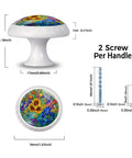 Four Pack Colorful Wildflower Stained Glass Cabinet Knobs For Kitchen And Bath, showing dimensions and screws, vibrant floral top.