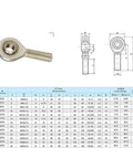 Two Piece SA10 Rod End Set With Right Hand Metric Threads Featuring Precision Fish Eye Ball Joints and Uniball male T K Shafts shown with dimensions table.