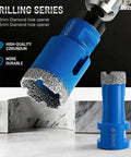 Close-up of diamond hole saw bits in 17 Piece Wet Dry Diamond Hole Saw Kit With Turbo Blades For Porcelain Marble Concrete Tile Drilling.