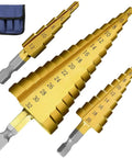 Metric Step Drill Bit Set HSS Cone Bits, 3-Piece, 4-12mm 4-20mm 4-32mm shown with portable bag