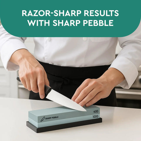 Person using Two Sided Whetstone Knife Sharpening Stone 400/1000 Grit Kit with Flattening Stone and Non Slip Base for Kitchen Knives.