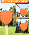 AR500 Steel Targets For Shooting Neon Orange Silhouette Gong Combo Set with multiple hanging setups in outdoor setting