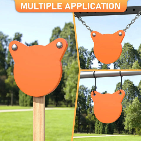 AR500 Steel Targets For Shooting Neon Orange Silhouette Gong Combo Set with multiple hanging setups in outdoor setting