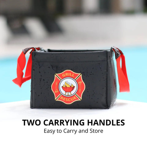 Collapsible Water Bucket For Grill Cleanup And Outdoor Adventures with two red carrying handles by a poolside.