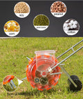 Adjustable Row Planter Seeder With Interchangeable 6 Seed Plates And Row Marker For Easy Yard Work Durable Build With Five Seeding Ports Semi Automatic Garden Seeder For Even Seed Distribution shown with seed types